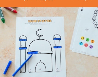 Islamiska målarbilder för barn - Arabiska alfabetet - Bokstavsbetyg - Koranen - Färglägg efter nummer - Målarbok - Islamisk gåva - Eid-gåva