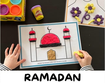 May include: A colorful Ramadan-themed play dough activity set. The image shows a mosque and other designs, with children's hands using play dough. The text "RAMADAN PLAY DOUGH MATS" is displayed at the bottom of the image.