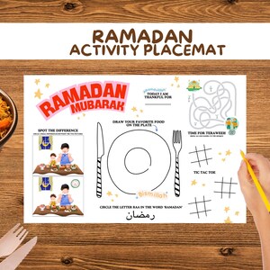 Può includere: Un sottopiatto per attività di Ramadan stampabile con un design colorato. Include un gioco di trova le differenze, un gioco di tris, un labirinto, un piatto da disegnare e un'attività di cerchia la lettera. Il testo sul sottopiatto dice "Ramadan Mubarak" e "Bismillah".