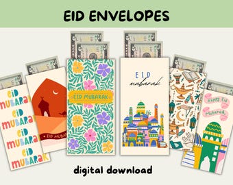 Puede incluir: Cinco sobres de Eid imprimibles con diferentes diseños. Los sobres presentan ilustraciones coloridas de mezquitas, flores y linternas. El texto "Eid Mubarak" está escrito en cada sobre.