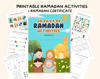 May include: A printable Ramadan activity book with a colorful cover featuring a mosque, a family, and the text "30 Days of Ramadan Activities". The book includes activities such as a memory game, scavenger hunt, color by letter, I Spy, prayer mat, and Arabic letter exercise.