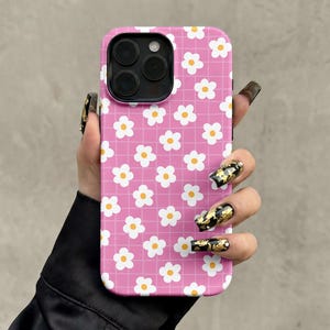 Pink Daisy iPhone Case, Preppy Grid Floral Cover, Cute Dual Layer Aesthetic, Birthday Gift for Teen Girl