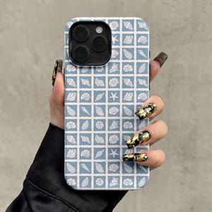 Light Blue Seashell Grid iPhone Case, Coastal Dual Layer Cover