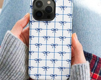 Blue and White Grid Bow iPhone Case