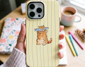 Yellow Pinstripe Orange Cat Holding Fish iPhone Case