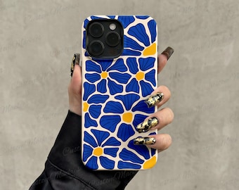 Retro Blue Yellow Abstract Floral iPhone Case