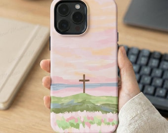 Pastel Watercolor Christian Cross Sunset Landscape iPhone Case