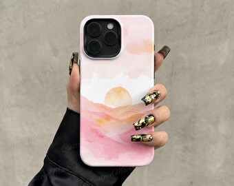 Pastel Pink Watercolor Sunset Mountain iPhone Case