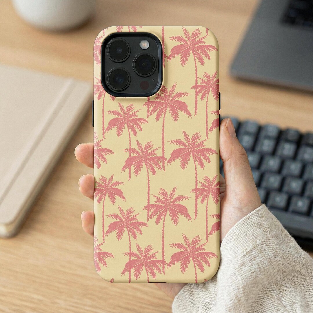 Retro Tropical Palm Tree Phone Case, Pink and Yellow Summer Aesthetic ...