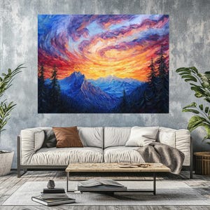 Mountain Sunset Wall Art, Nature Landscape Decor, Vibrant Warm Oil ...