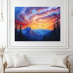 Mountain Sunset Wall Art, Nature Landscape Decor, Vibrant Warm Oil ...