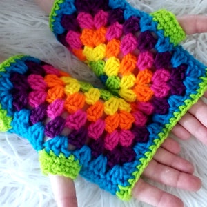 Rainbow Bright granny square fingerless gloves