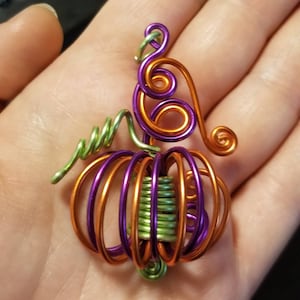 May include: A wire-wrapped pumpkin pendant with a green stem, orange, purple, and green wire. The pendant is made of wire and is a unique and handmade piece of jewelry.