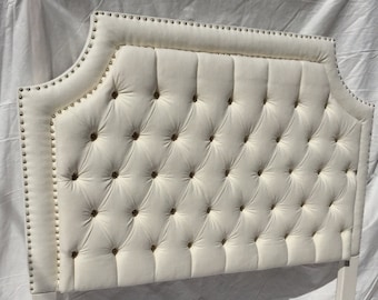 QUEEN White Tufted Upholstered Headboard with Nickel Nailheads Tufted Headboard Upholstered Queen Size Headboard Off White Linen Headboard