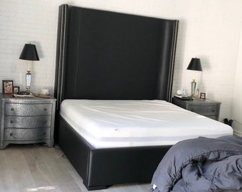 Tall Black Bed Extra Tall Headboard Faux Leather King Size Queen Bed With Silver Nickel Nailhead Trim Upholstered Bed Tall Headboard Black