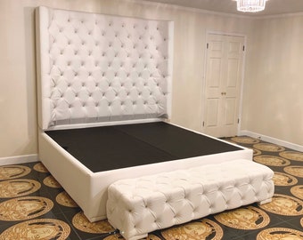 White Wingback Tufted Bed King Size Wing Back Tufted Bed Upholstered Bed Extra Tall Headboard White Faux Leather King Bed