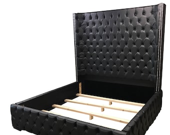 Black Bed Black King Size Tufted Bed Faux Leather Black Queen Size Bed Tufted Upholstered Bed Headboard Extra Tall Bed