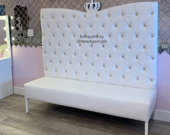 White Tufted Banquette with Rhinestones Upholstered Custom Bench Upholstered Bench Banquette Booth Custom Booth Banquette Tufted Bench