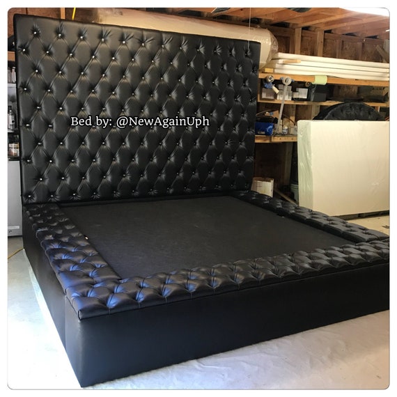 Black Faux Leather Tufted Bed King Size, Black Leather Tufted Queen Headboard