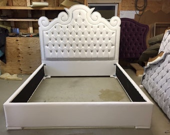 White Faux Leather King Size Tufted Bed Tufted Upholstered Bed White Bed with Nickel Nailheads Bedroom Furniture Tufted Headboard