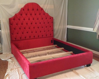 King Size Queen Size Full Size Bed Upholstered Bed Tufted Bed with a Row of Nailheads Tufted Headboard Upholstered Bed Custom Bed Bedroom