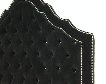 Black Velvet Tufted Headboard with Double Row of Nailheads Extra Tall Upholstered Headboard King Queen or Full Tufted Black Headboard