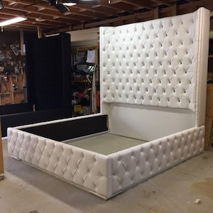 FREE SHIPPING White King Size Tufted Bed Luxurious Wingback Tufted Bed White Bed with Nickel Nailheads Bedroom Furniture