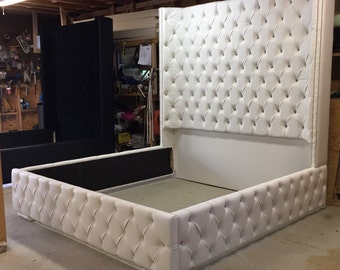 FREE SHIPPING White King Size Tufted Bed Luxurious Wingback Tufted Bed White Bed with Nickel Nailheads Bedroom Furniture