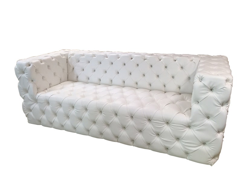 Custom Tufted Sofa White Faux Leather With Rhinestones Luxurious