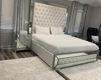 White Faux Leather King Size Platform Bed and Matching Footboard with Mirrors