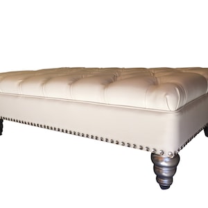 White Upholstered Ottoman Tufted Ottoman Bench Faux Leather White Bench with Rhinestones Coffee Table White Stool