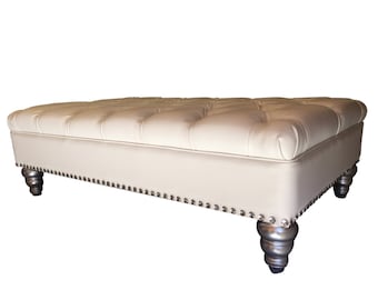White Upholstered Ottoman Tufted Ottoman Bench Faux Leather White Bench with Rhinestones Coffee Table White Stool