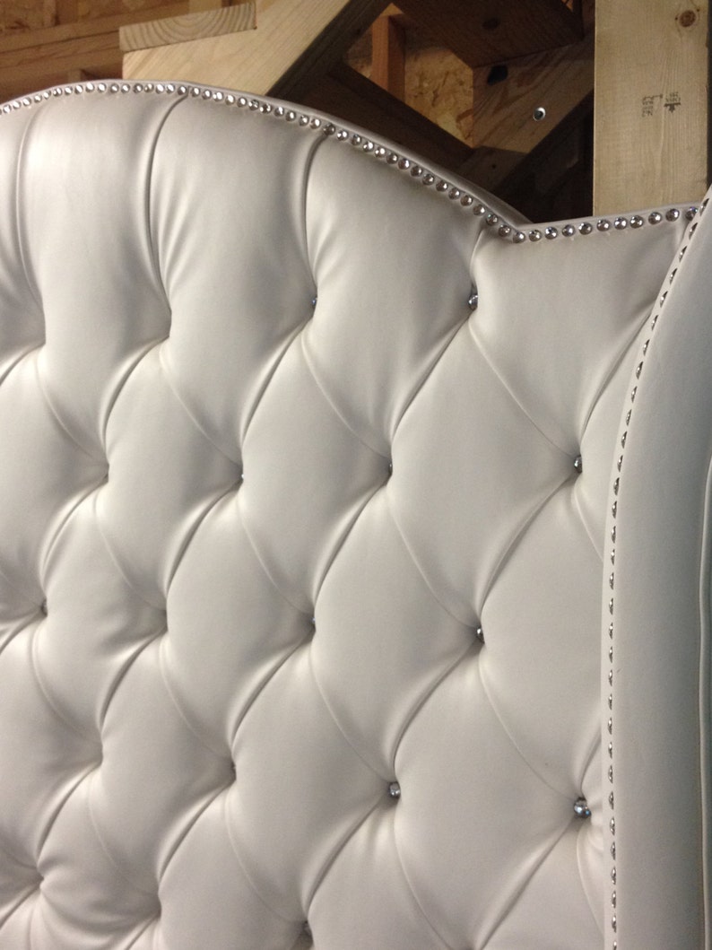 Luxurious Wingback Tufted Bed With Rhinestones King White Image 0
