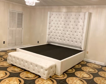 White Wingback Tufted Bed King Size Wing Back Tufted Bed Upholstered Bed Extra Tall Headboard White Faux Leather King Bed