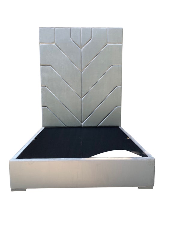 Tall Icy White Velvet King Size Upholstered Bed Tall Icy White
