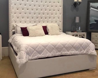 King Size Tufted Bed Luxurious Wingback Tufted Upholstered Bed White Bed with Nickel Nailheads Bedroom Furniture Tufted Headboard