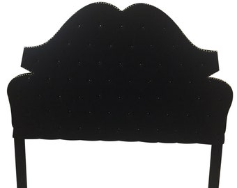 Black Velvet Extra Tall King Size Tufted Headboard with a Row of Nailheads Upholstered Black Tufted Headboard King Extra Tall Nickel Nails