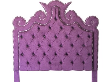 Purple Velvet Tufted Headboard with Double Row of Crystals Extra Tall Upholstered Headboard King Queen or Full Tufted Headboard