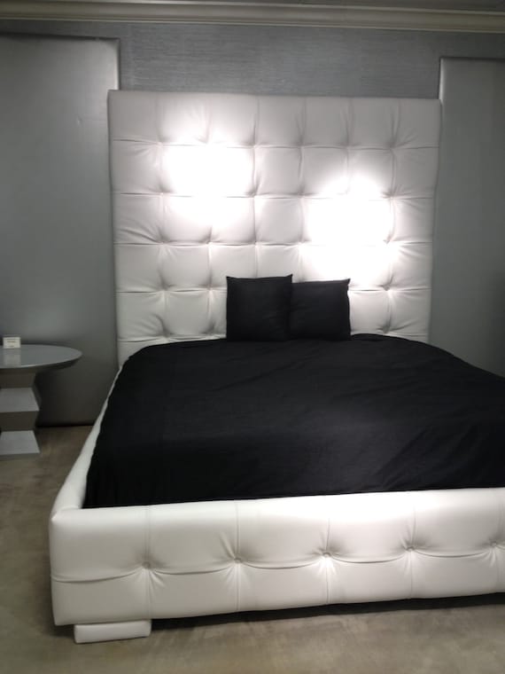 White leather online tufted bed