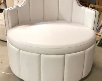 Round Chair Occasional Chair White Faux Leather Chair White Upholstered Chair with Nickel Nails