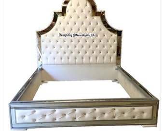 Luxurious Tufted Bed with Mirrors and Rhinestones Luxury Upholstered Bed with Mirrors White Bed King Size Bed Queen Size Bed Full Size Bed