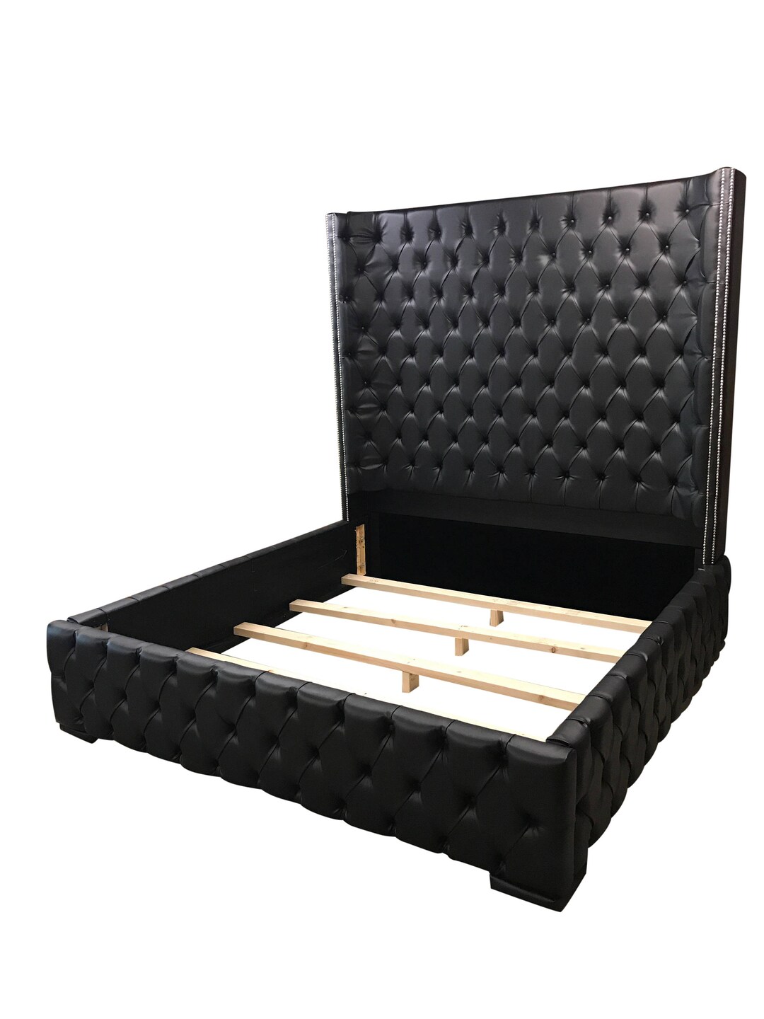 Black Bed Black King Size Tufted Bed Faux Leather Black Queen Size Bed