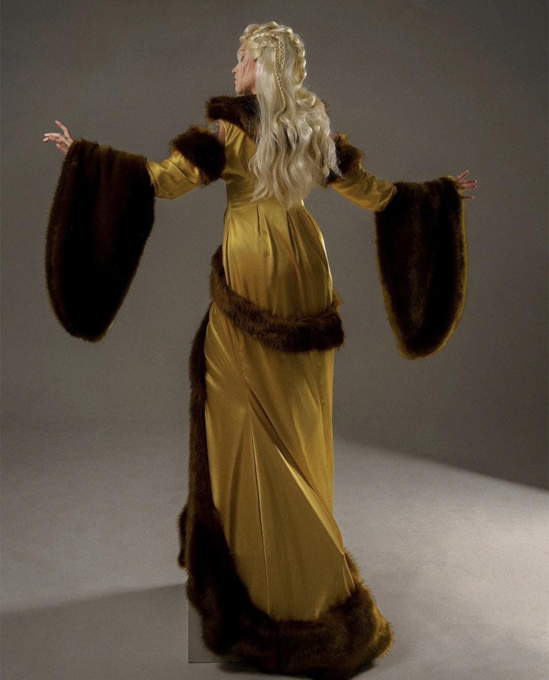 Golden Satin Midieval Inspired Robe With Faux Fur Details, Open ...