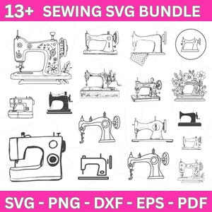 Puede incluir: Una colección de 13+ diseños SVG de máquinas de coser en varios estilos, incluyendo modelos vintage y modernos. La imagen presenta ilustraciones de línea de máquinas de coser, con el texto "13+ SEWING SVG BUNDLE" en la parte superior y opciones de tipo de archivo en la parte inferior.