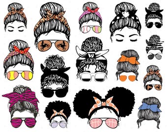 Messy Bun SVG Bundle, Mom Life svg, USA Mom svg, Bun Hair svg, Messy Bun png Afro Women Svg, Glasses svg, Digital Download