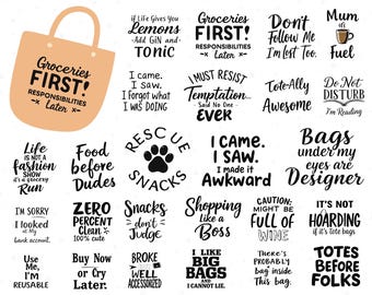 Pacchetto di 30 SVG per borse di tela, citazioni divertenti per borse di tela SVG, design per borse di tela, Cricut e Silhouette / uso commerciale, PNG per borse di tela / download digitale
