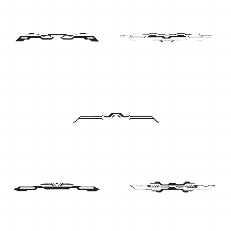 May include: Four different black and white abstract geometric designs. Each design is a horizontal line with a series of connected shapes.