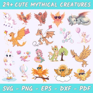 Cute Mythical Creatures ClipArt PNG, Fantasy Unicorn, Dragons, Mermaid, Griffin Watercolor Clip Art, Adorable Animals Digital Download
