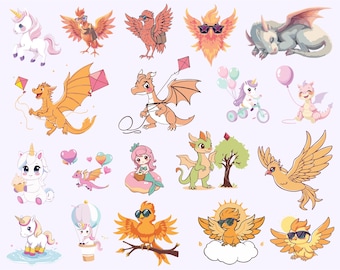Cute Mythical Creatures ClipArt PNG, Fantasy Unicorn, Dragons, Mermaid, Griffin Watercolor Clip Art, Adorable Animals Digital Download