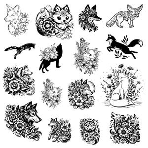 May include: A collection of black and white illustrations featuring foxes and wolves surrounded by floral designs. The illustrations are intricate and detailed, with a whimsical and elegant style.